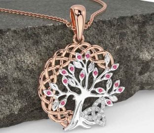 Diamond Pink Tourmaline White Rose Gold Celtic Trinity Knot Tree of Life Necklace