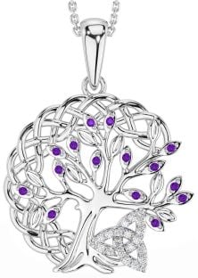 Diamond Amethyst Silver Celtic Trinity Knot Tree of Life Necklace