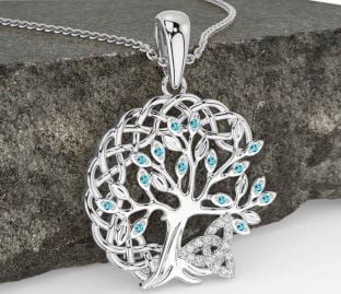 Diamond Aquamarine Silver Celtic Trinity Knot Tree of Life Necklace