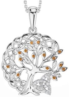 Diamond Citrine Silver Celtic Trinity Knot Tree of Life Necklace