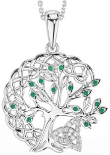 Diamond Emerald Silver Celtic Trinity Knot Tree of Life Necklace