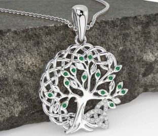 Diamond Emerald Silver Celtic Trinity Knot Tree of Life Necklace