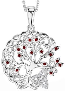 Diamond Garnet Silver Celtic Trinity Knot Tree of Life Necklace