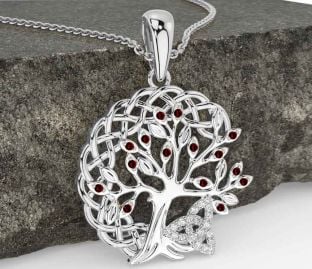 Diamond Garnet Silver Celtic Trinity Knot Tree of Life Necklace