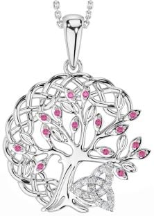 Diamond Pink Tourmaline Silver Celtic Trinity Knot Tree of Life Necklace