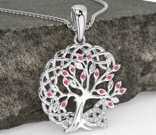 Diamond Pink Tourmaline Silver Celtic Trinity Knot Tree of Life Necklace