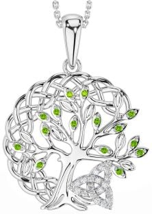 Diamond Peridot Silver Celtic Trinity Knot Tree of Life Necklace