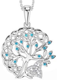 Diamond Topaz Silver Celtic Trinity Knot Tree of Life Necklace