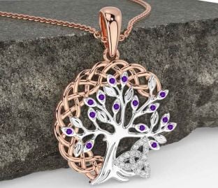 Diamond Amethyst Rose Gold Silver Celtic Trinity Knot Tree of Life Necklace