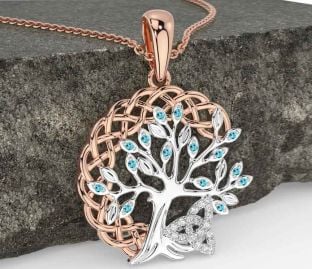 Diamond Aquamarine Rose Gold Silver Celtic Trinity Knot Tree of Life Necklace
