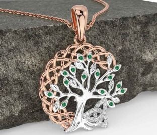 Diamond Emerald Rose Gold Silver Celtic Trinity Knot Tree of Life Necklace