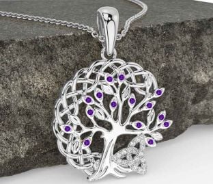 Diamond Amethyst White Gold Celtic Trinity Knot Tree of Life Necklace