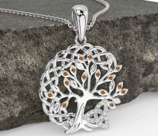 Diamond Citrine White Gold Celtic Trinity Knot Tree of Life Necklace
