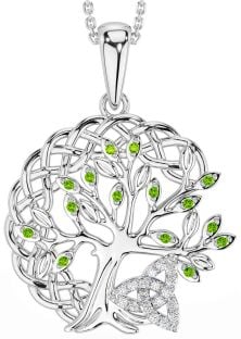 Diamond Peridot White Gold Celtic Trinity Knot Tree of Life Necklace