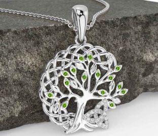 Diamond Peridot White Gold Celtic Trinity Knot Tree of Life Necklace