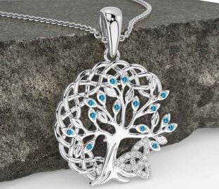Diamond Topaz White Gold Celtic Trinity Knot Tree of Life Necklace