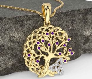 Diamond Amethyst Gold Celtic Trinity Knot Tree of Life Necklace