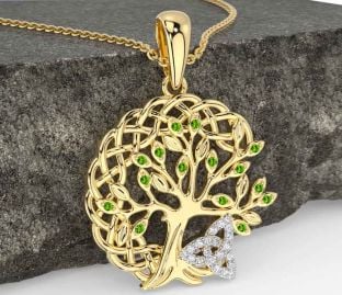 Diamond Peridot Gold Celtic Trinity Knot Tree of Life Necklace
