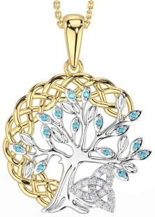 Diamond Aquamarine White Yellow Gold Celtic Trinity Knot Tree of Life Necklace