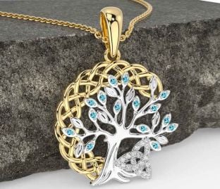 Diamond Aquamarine White Yellow Gold Celtic Trinity Knot Tree of Life Necklace