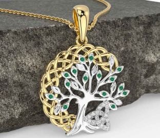 Diamond Emerald White Yellow Gold Celtic Trinity Knot Tree of Life Necklace