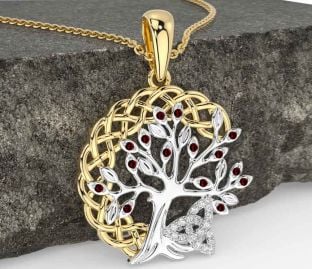 Diamond Garnet White Yellow Gold Celtic Trinity Knot Tree of Life Necklace