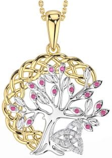 Diamond Pink Tourmaline White Yellow Gold Celtic Trinity Knot Tree of Life Necklace