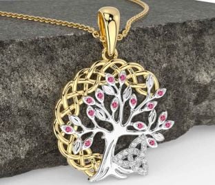 Diamond Pink Tourmaline White Yellow Gold Celtic Trinity Knot Tree of Life Necklace