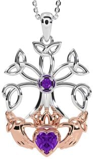 Amethyst Rose Gold Silver Claddagh Trinity knot Celtic Tree of Life Necklace