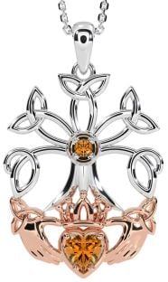 Citrine Rose Gold Silver Claddagh Trinity knot Celtic Tree of Life Necklace