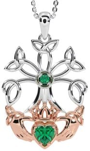 Emerald Rose Gold Silver Claddagh Trinity knot Celtic Tree of Life Necklace