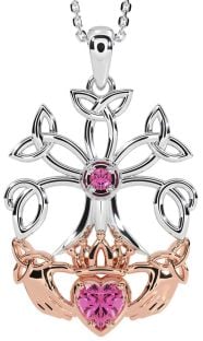 Pink Tourmaline Rose Gold Silver Claddagh Trinity knot Celtic Tree of Life Necklace