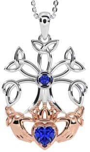 Sapphire Rose Gold Silver Claddagh Trinity knot Celtic Tree of Life Necklace