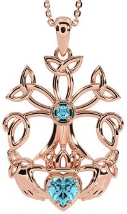 Aquamarin Rose Gold Silber Claddagh Dreieinigkeit Knoten keltisch Baum von Leben Halskette