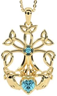 Aquamarine Gold Silver Claddagh Trinity knot Celtic Tree of Life Necklace