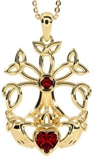 Garnet Gold Silver Claddagh Trinity knot Celtic Tree of Life Necklace