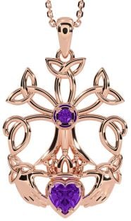 Amethyst Rose Gold Claddagh Trinity knot Celtic Tree of Life Necklace