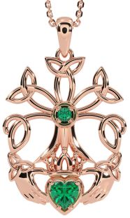 Emerald Rose Gold Claddagh Trinity knot Celtic Tree of Life Necklace