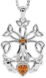 Citrine Silver Claddagh Trinity knot Celtic Tree of Life Necklace