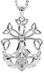 Diamond Silver Claddagh Trinity knot Celtic Tree of Life Necklace