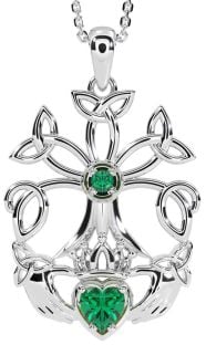 Emerald Silver Claddagh Trinity knot Celtic Tree of Life Necklace