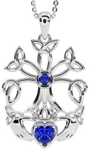 Sapphire Silver Claddagh Trinity knot Celtic Tree of Life Necklace