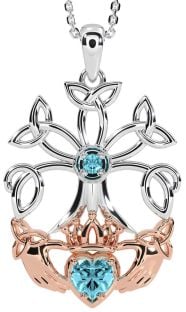 Aquamarine Rose Gold Silver Claddagh Trinity knot Celtic Tree of Life Necklace