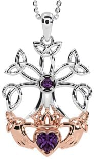 Alexandrite Rose Gold Silver Claddagh Trinity knot Celtic Tree of Life Necklace