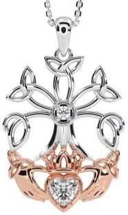 Diamond Rose Gold Silver Claddagh Trinity knot Celtic Tree of Life Necklace