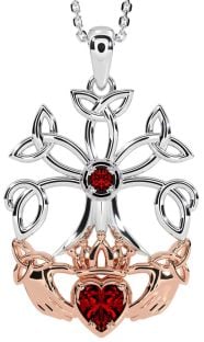 Garnet Rose Gold Silver Claddagh Trinity knot Celtic Tree of Life Necklace