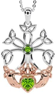 Peridot Rose Gold Silver Claddagh Trinity knot Celtic Tree of Life Necklace