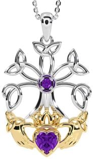 Amethyst Gold Silver Claddagh Trinity knot Celtic Tree of Life Necklace