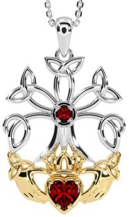 Garnet Gold Silver Claddagh Trinity knot Celtic Tree of Life Necklace