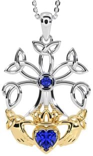 Sapphire Gold Silver Claddagh Trinity knot Celtic Tree of Life Necklace